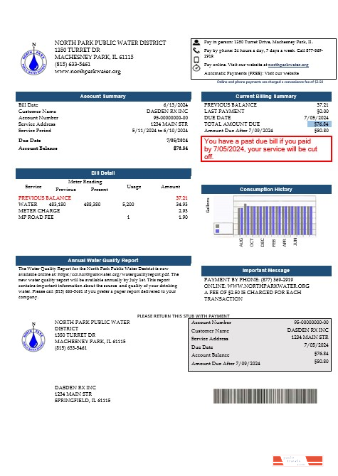 USA Illinois North Park Public Water District IL business utility bill template in Word and PDF formats